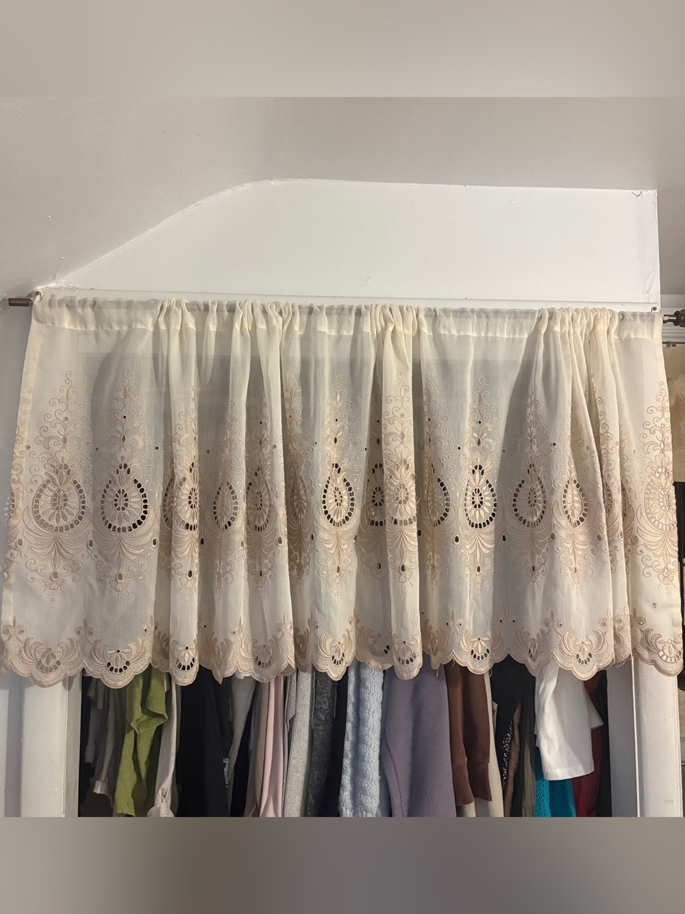 Vintage Cream Boho Embroidered Scalloped Valance Curtain 7.5 Feet Extra Wide